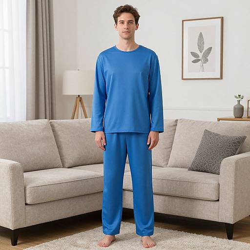 Photograph of a young man with short brown hair, wearing blue pajamas, standing barefoot in a modern living room with a light gray sofa,