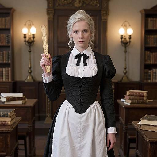 Photograph of a stern, blonde-haired woman in a black and white Victorian maid outfit holding a ruler, standing in a dimly lit, book-filled