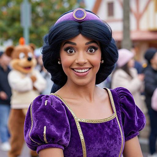 Photograph of a woman in a CGI-style animated costume resembling Princess Jasmine from Aladdin, with a purple velvet dress, black hair, and wide smile
