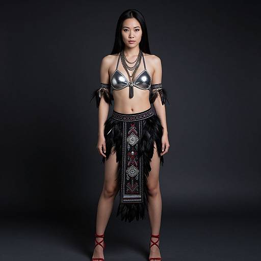 Photograph of an Asian woman with long black hair, wearing a metallic silver bikini top, black fringe skirt, layered necklaces, and red sandals,