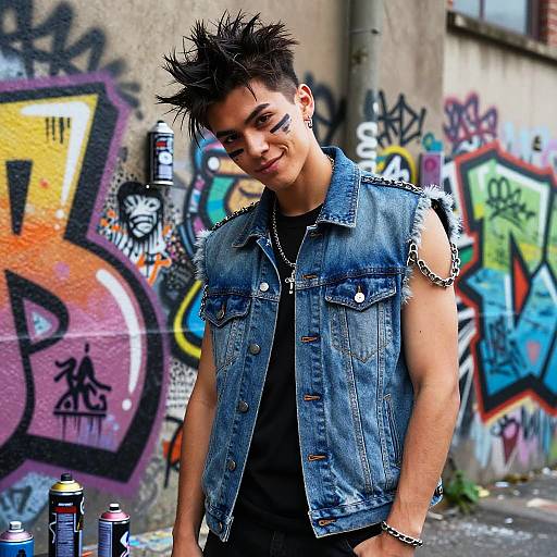 Photograph of a young man with spiky black hair, wearing a denim sleeveless vest, black shirt, and chain, smiling against a colorful graffiti