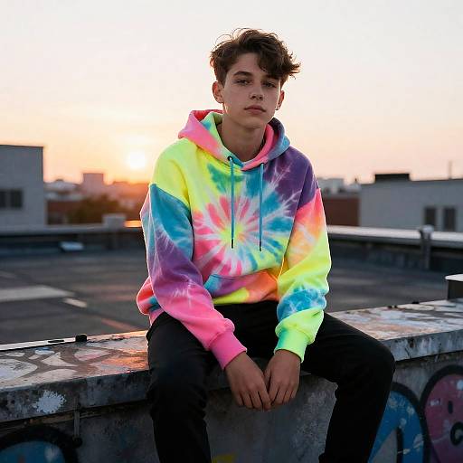 Neon Tie-Dye Teen on Graffiti Rooftop