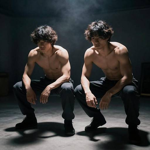 Shirtless Muscular Men Crouching in Smoky Room