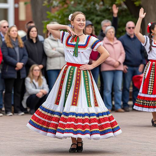 Photograph of a smiling young woman in a colorful, traditional Spanish flamenco dress, performing in front of a blurred, applauding crowd.