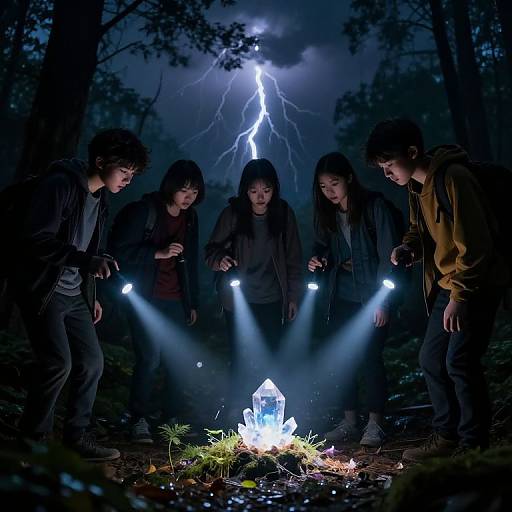 Photograph of five Asian teenagers in dark clothing, shining flashlights on a glowing crystal in a stormy forest with a lightning bolt overhead.