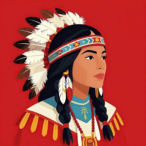 Digital illustration of a Native American woman with dark hair in braids, white and black feather headdress, blue and red jewelry, and white and red
