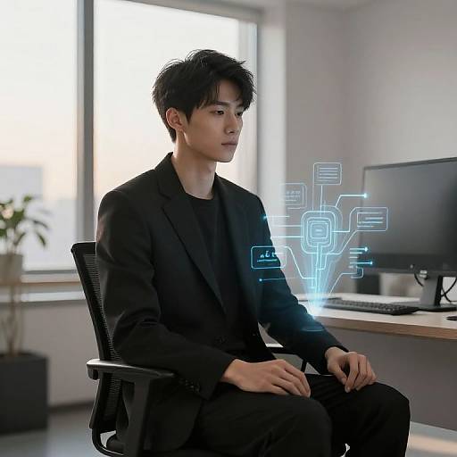 Photograph of an Asian man in a black suit, seated at an office desk, with futuristic blue circuit overlays on his right. Bright window background.