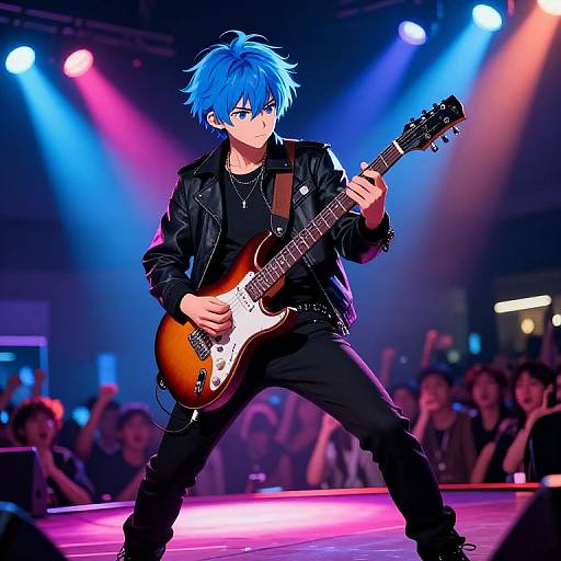 Digital anime-style drawing of a blue-haired musician with spiky hair, wearing a black leather jacket, black shirt, and pants, playing a sunburst