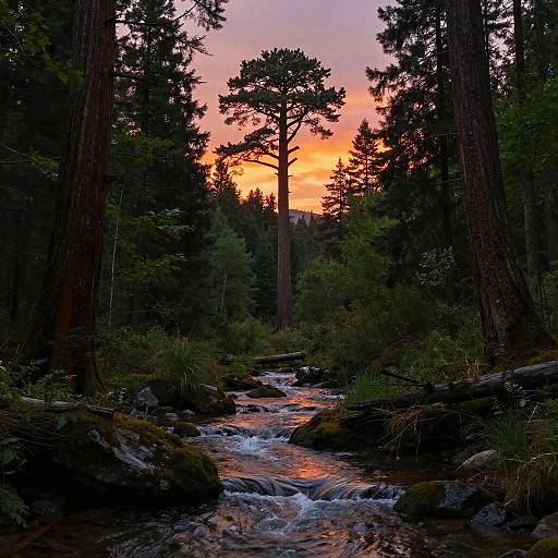Tranquil Forest Stream at Sunset