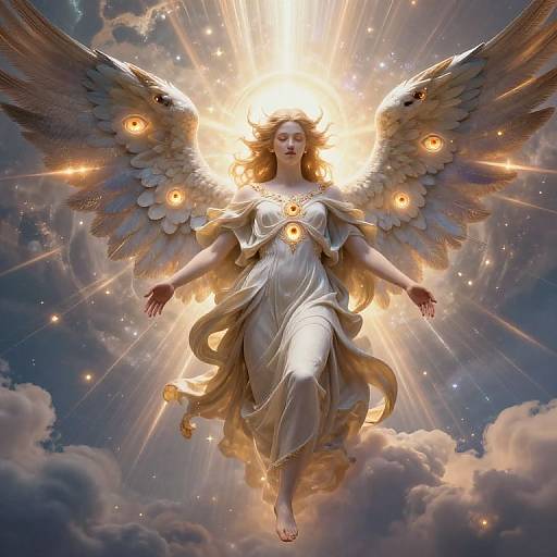 Digital artwork of a radiant, angelic woman with golden wings, glowing halo, and flowing white dress, floating above clouds.