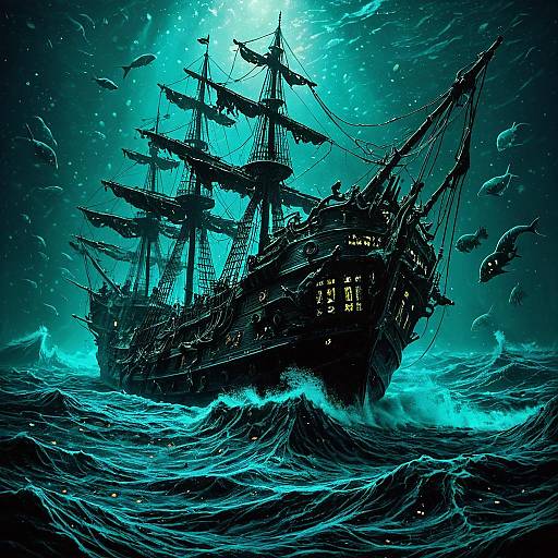 Sunken Ghost Galleon in Bioluminescent Deep Sea