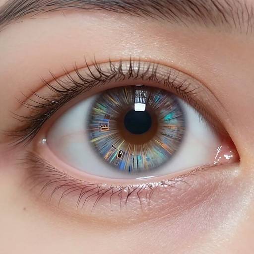 Close-up photograph of a human eye with a vibrant blue iris, featuring intricate patterns and reflections, surrounded by delicate eyelashes and slightly parted eyebrows.