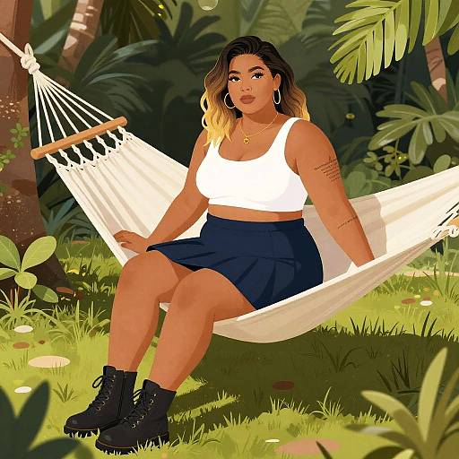 Digital illustration of a curvy Latina woman with shoulder-length blonde hair, wearing a white crop top, navy skirt, and black boots, sitting in a