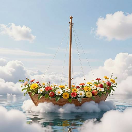Digital illustration of a wooden flower boat with vibrant yellow, red, and white flowers, floating on calm water surrounded by fluffy white clouds and a bright blue