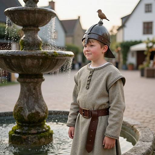 Photograph of a young boy in medieval attire, brown helmet with bird, standing by a mossy fountain in a cobblestone village square at sunset