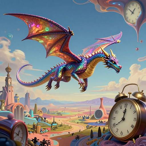 Vibrant digital artwork of a multicolored, glowing dragon flying over a surreal, clock-filled fantasy landscape with colorful skies and whimsical architecture.