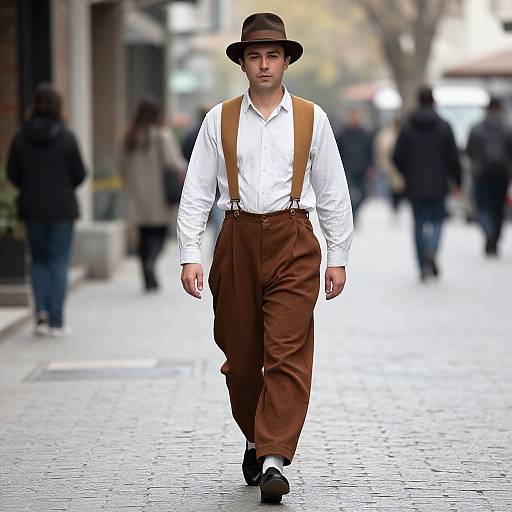 Photograph of a young man with fair skin, brown hat, white shirt, brown suspenders, and trousers, walking down a blurred urban street.