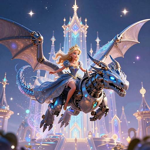 Digital art: Princess with blonde hair and blue dress rides a glowing blue dragon with mechanical details, flying over a magical castle.