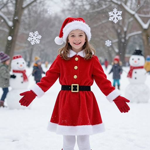 Photograph of a smiling young girl in a red Santa dress, white fur trim, black belt, red gloves, and Santa hat, standing in a