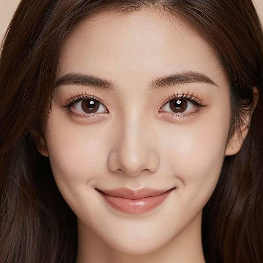 Close-up photograph of a young Asian woman with fair skin, dark brown eyes, and straight black hair, smiling subtly.