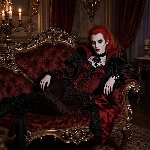 Gothic-style photograph of a pale woman with red hair, wearing a black and red Victorian dress, reclining on an ornate, dark velvet