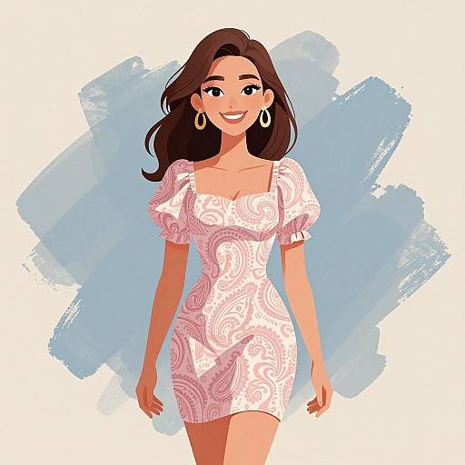 Illustration of a smiling woman with long brown hair, wearing a white, patterned dress, gold hoop earrings, and standing against a blue brushstroke
