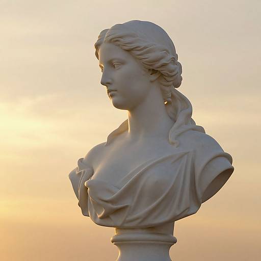 Photograph of a white marble bust of a classical woman with detailed hair and draped clothing, set against a soft orange sunset background.