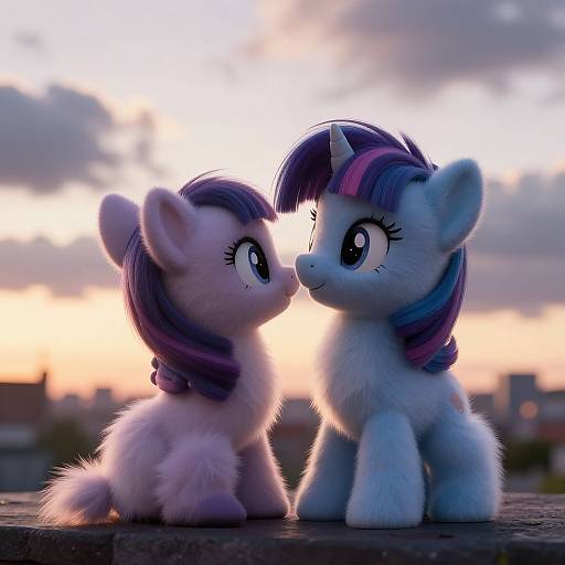Photograph of two plush My Little Pony-style toys with large, expressive eyes, facing each other against a sunset sky. One is purple, the other