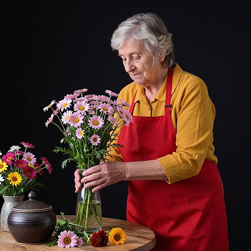 Elderly Woman Tending Pink Daisies