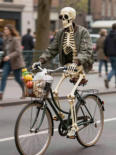 Skeleton Riding Vintage Bicycle with Groceries