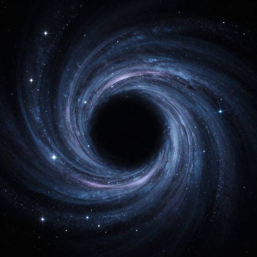 Digital illustration of a swirling blue and white galaxy spiral against a dark, star-speckled background. The central black hole creates a hypnotic, vortex