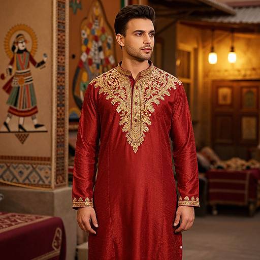 Photograph of a handsome man with dark hair, wearing an ornate red traditional Pakistani kurtah, standing in a warmly lit, decorated room with