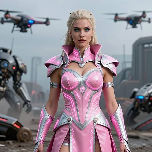 CGI image of a blonde woman in pink and silver sci-fi armor standing in a war-torn, drone-filled futuristic cityscape.
