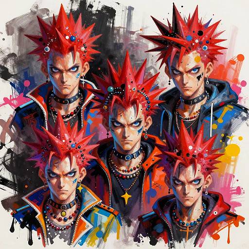 Digital artwork of five anime-style characters with spiky red hair, blue eyes, black chokers, and colorful jackets, set against a vibrant, abstract