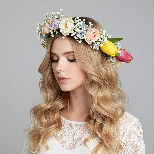 Photograph of a blonde woman with wavy hair, wearing a white lace top, and a colorful flower crown with tulips and roses, looking down