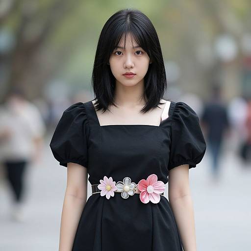 Photograph of an Asian woman with straight black hair, wearing a black dress with puffed sleeves and pink-white floral belt, standing in a blurred urban