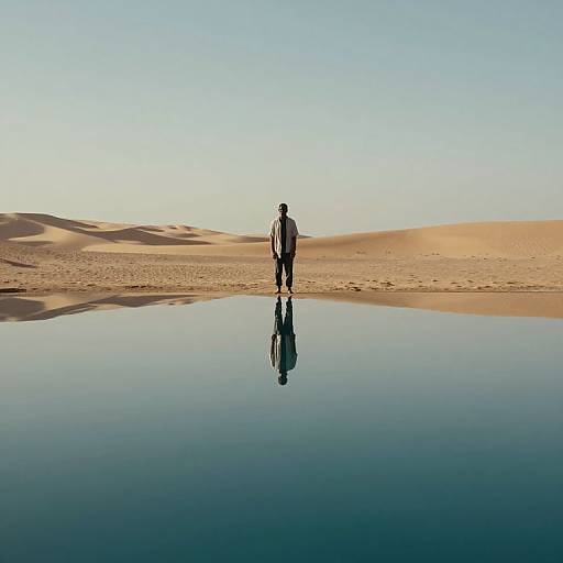 Photograph of a lone man standing on a reflective desert oasis, with golden sand dunes and clear blue sky in the background. His reflection mirrors perfectly