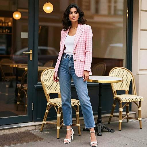 Stylish Woman in Pink Checkered Blazer on City Sidewalk