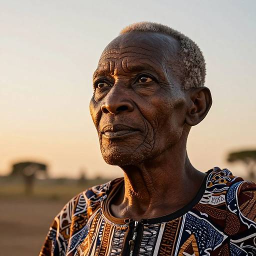 Photograph of an elderly African man with dark brown skin, short curly gray hair, and deep wrinkles, wearing a patterned shirt, against a sunset