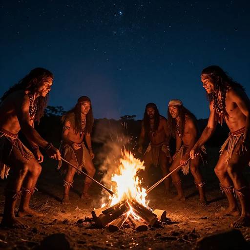 Photograph of five Native American men with long hair, wearing traditional skirts and beadwork, dancing around a campfire at night under a starry sky