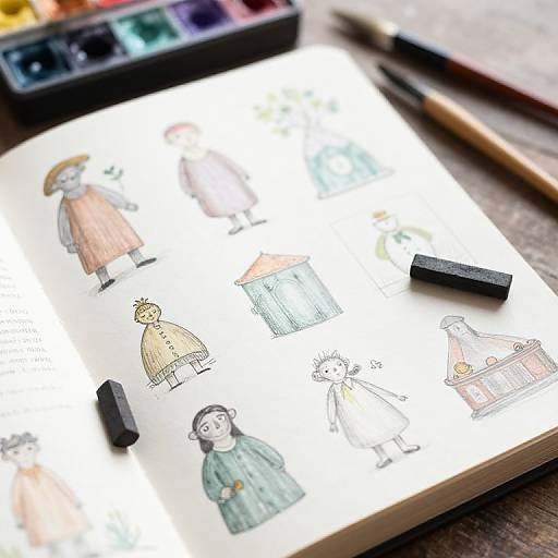 Whimsical sketchbook page with colorful, cartoon-style drawings of people and buildings, ink blocks, and a pen on a wooden table.