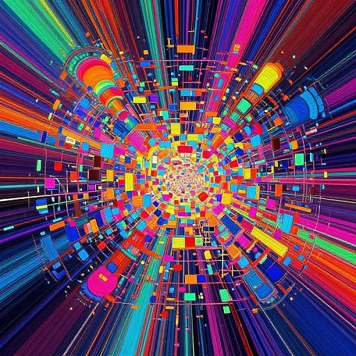 Vibrant, abstract digital artwork featuring a bright, colorful explosion of neon squares, circles, and lines radiating from the center against a dark,