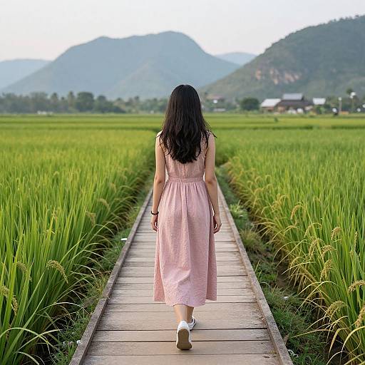 Photograph of a woman with long black hair in a pink dress walking alone on a wooden path through lush green rice fields, with mountains and small buildings