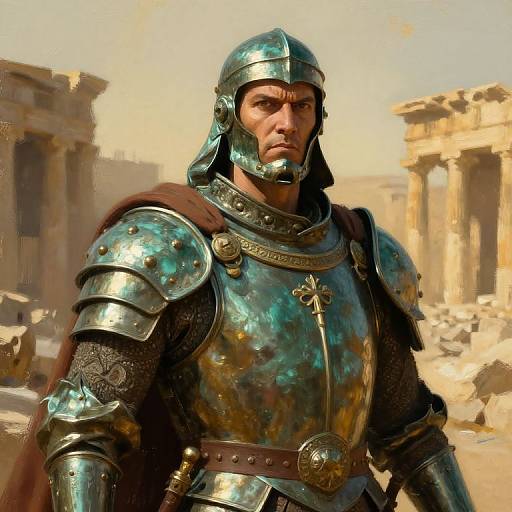 Digital art of a stern, muscular man in metallic blue-green medieval armor with a cross pendant, standing in a sunlit, ruined ancient temple.