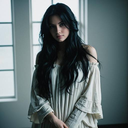 Young Woman in Off-Shoulder Outfit with Long Black Hair