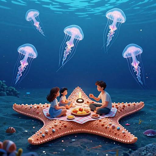 Underwater scene: Asian couple sitting on a glowing starfish, sharing a picnic with jellyfish above. Illuminated, serene, and magical.