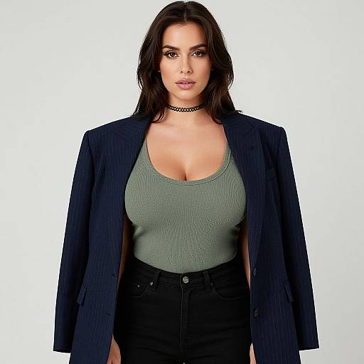 Photograph of a brunette woman with medium-length hair, wearing a black pinstripe blazer, green ribbed tank top, black high-wa