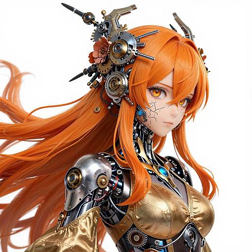 Digital art of a cybernetic woman with orange hair, golden eyes, and mechanical headgear, wearing a gold and black armored top.