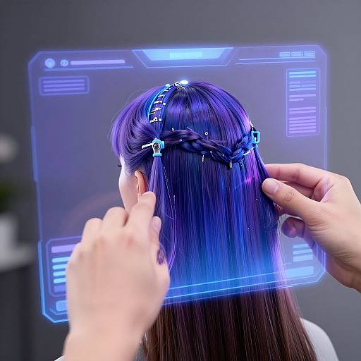 Photograph of a person with long, purple-blue hair, styled with a star-shaped braid headband, being digitally edited on a glowing blue holog
