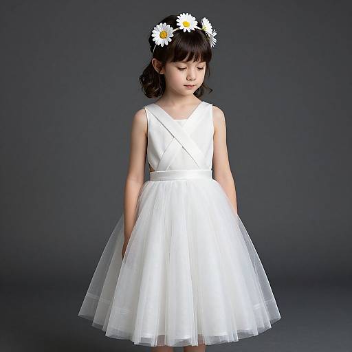 Photograph of an Asian girl with dark hair, wearing a white sleeveless tulle dress, adorned with a daisy flower crown, standing against a